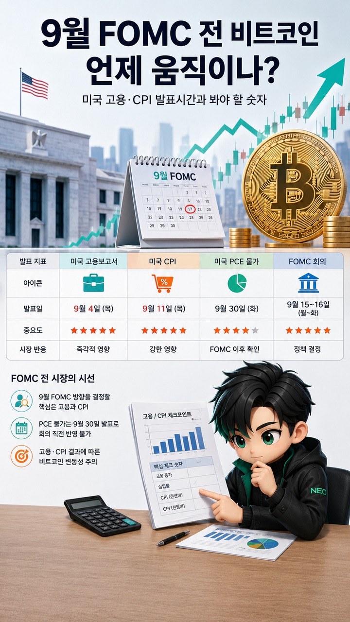 9월 FOMC 전 비트코인 언제 움직이나? 미국 고용·CPI 발표시간과 봐야 할 숫자