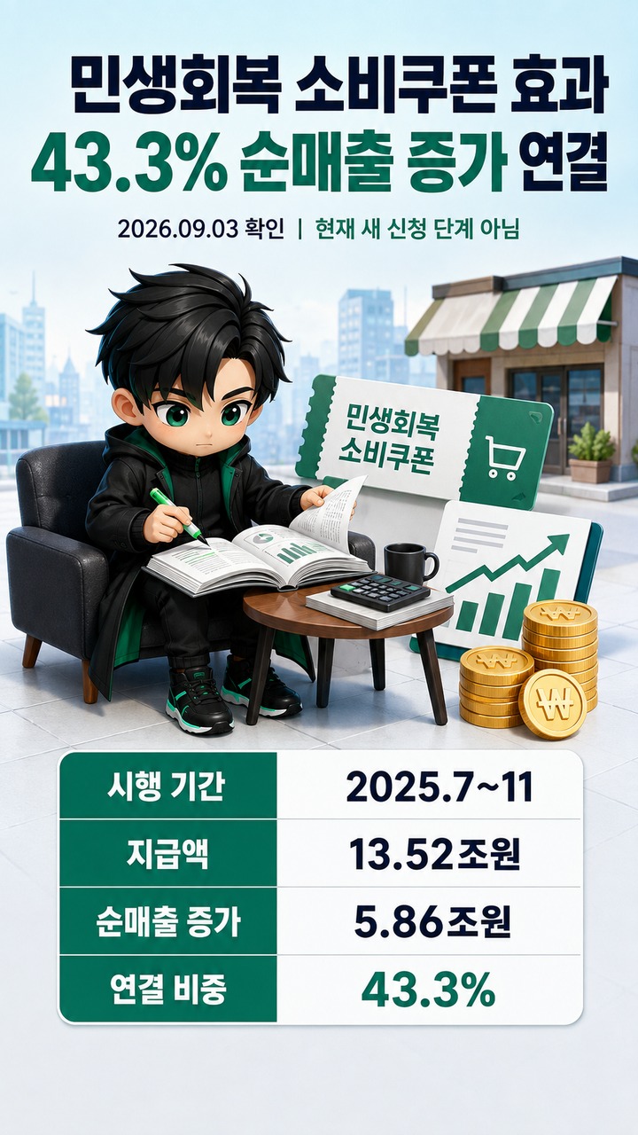민생회복 소비쿠폰 2026년 확인 결과, 13.52조원 지급액 중 43.3%가 순매출 증가로 연결