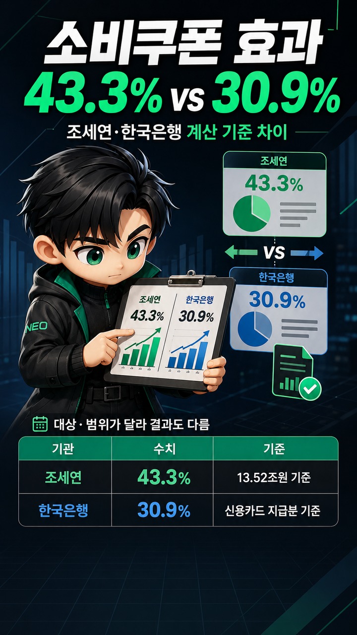 민생회복 소비쿠폰 효과 43.3%와 30.9% 왜 다를까? 조세연·한국은행 계산 기준 차이