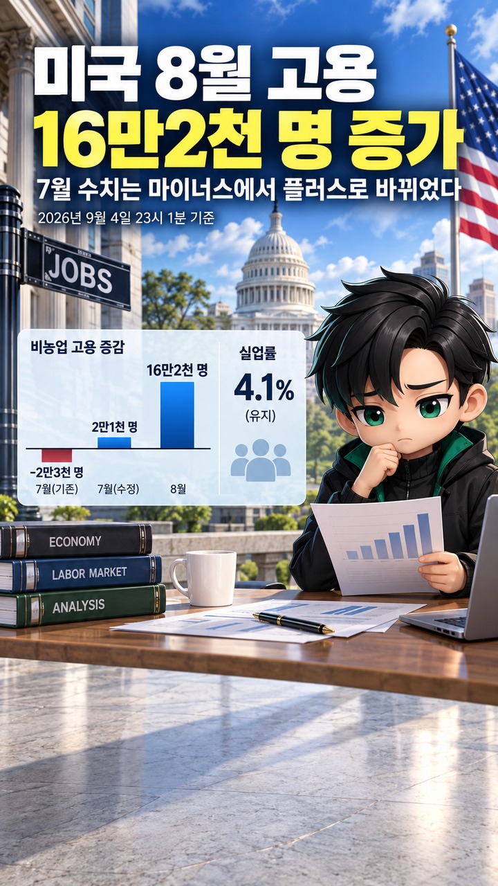 미국 8월 고용 16만2천 명 증가, 7월 수치는 마이너스에서 플러스로 바뀌었다