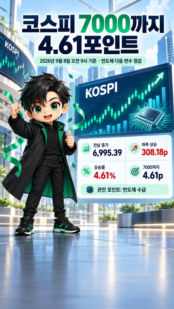 주식 오늘 장, 코스피 6995.39에서 7000까지 4.61포인트…반도체 다음에 볼 변수