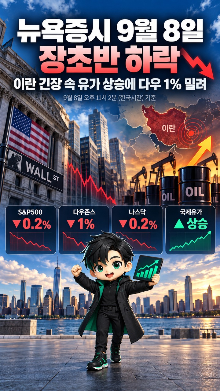 뉴욕증시 9월 8일 장초반 하락, 이란 긴장 속 유가 상승에 다우 1% 밀려