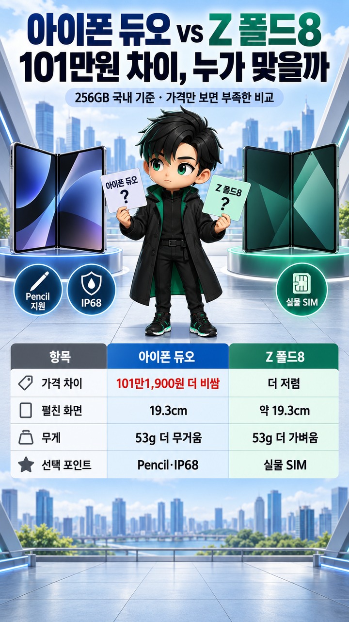 아이폰 듀오 vs 갤럭시 Z 폴드8, 101만원 차이…무게·펜·유심까지 비교하면 누구에게 맞나