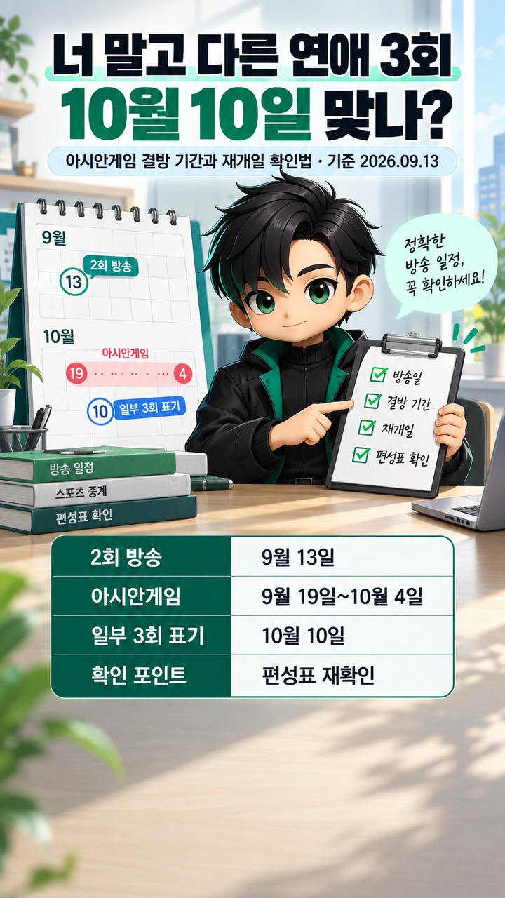 너 말고 다른 연애 3회 10월 10일 맞나? 아시안게임 결방 기간과 재개일 확인법