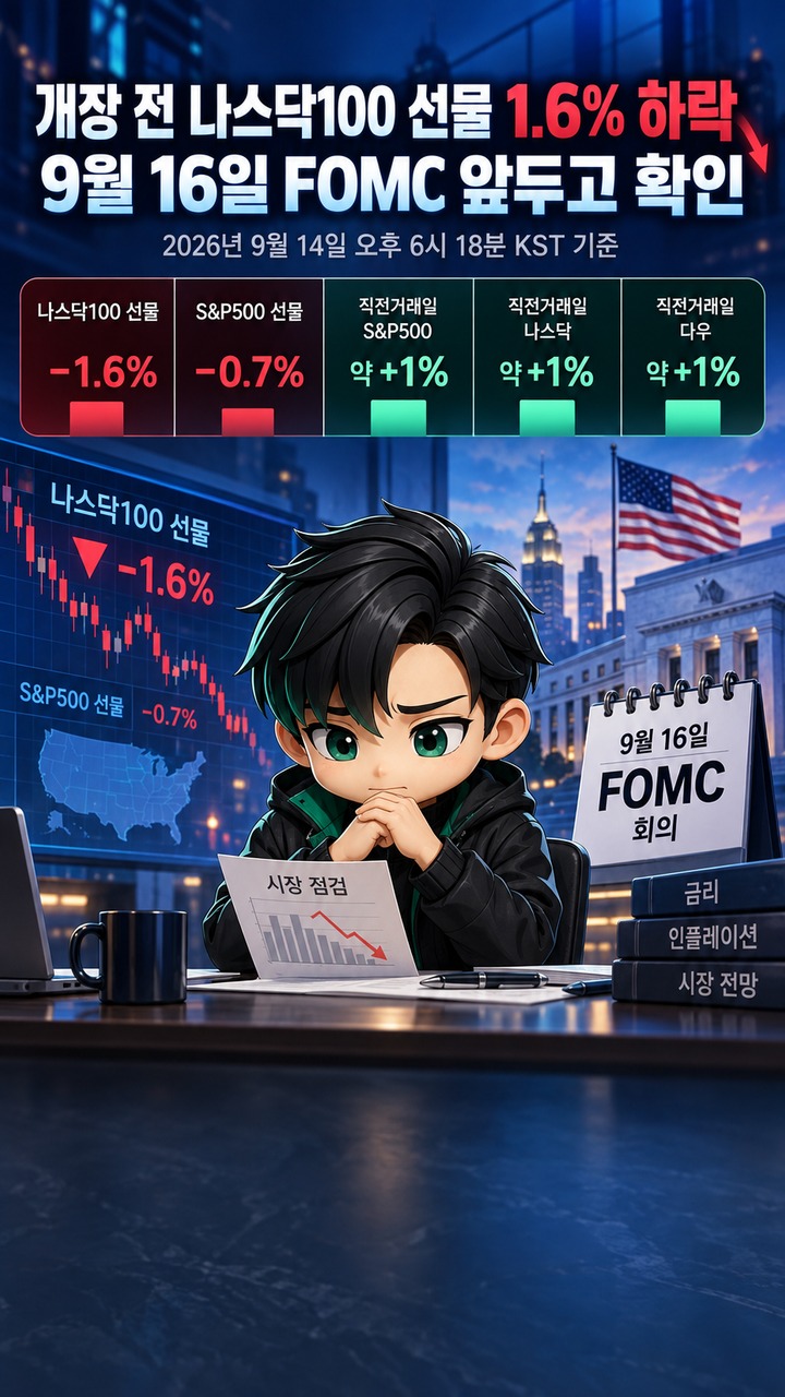 뉴욕증시 개장 전 나스닥100 선물 1.6% 하락, 9월 16일 FOMC 앞두고 확인할 것