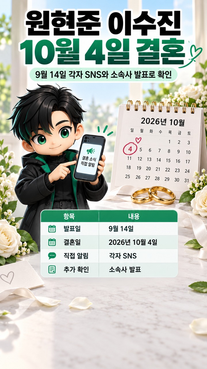 원현준 이수진 10월 4일 결혼, 두 배우가 직접 알린 내용은
