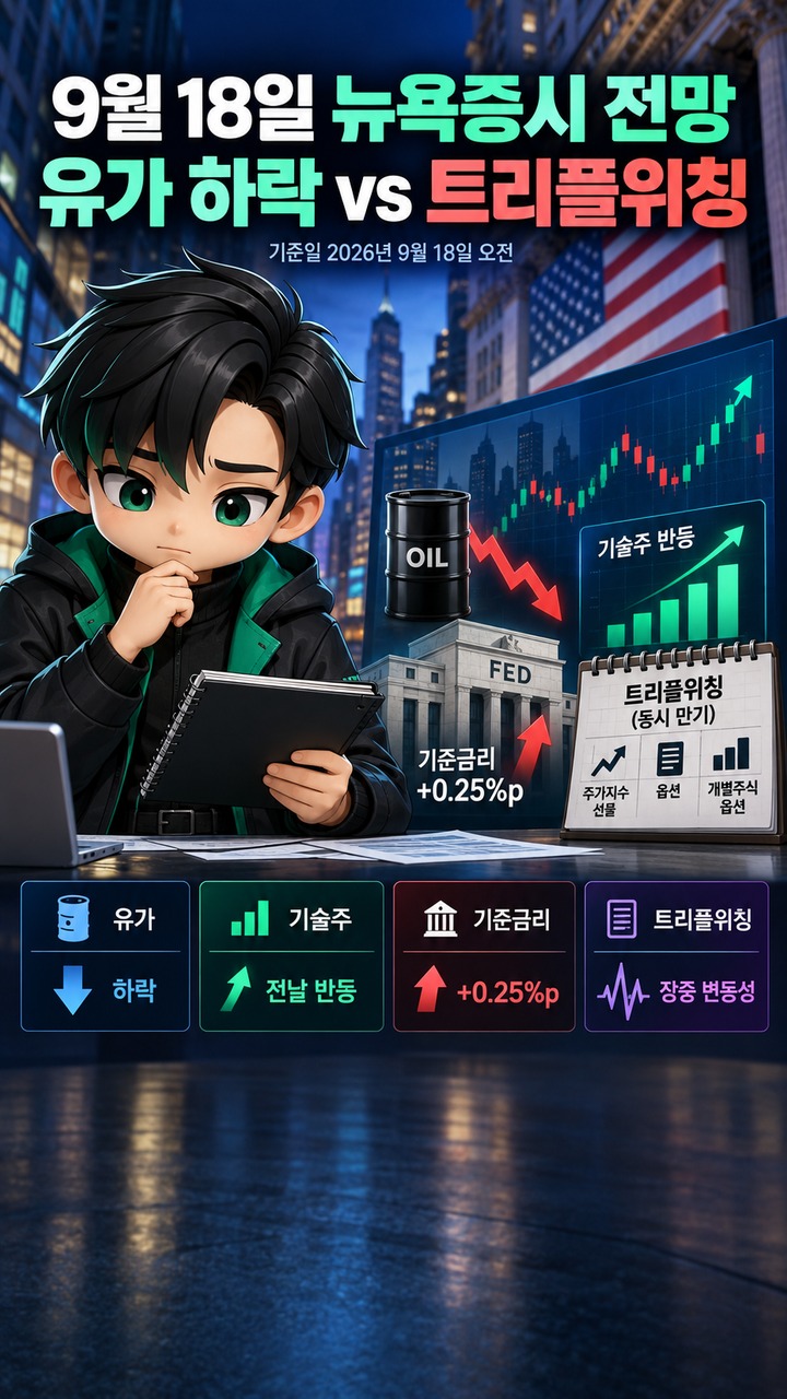 9월 18일 뉴욕증시 전망, 유가 하락이 받치지만 트리플위칭 변동성은 확인해야