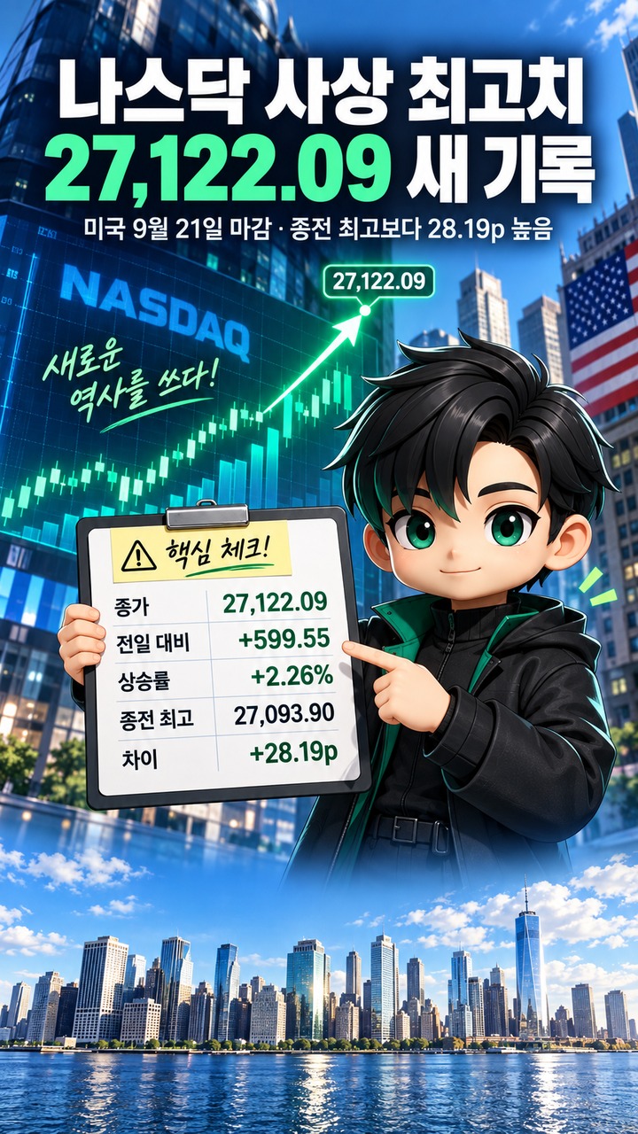 나스닥 사상 최고치 27,122.09, 6월 기록보다 28.19포인트 높았다