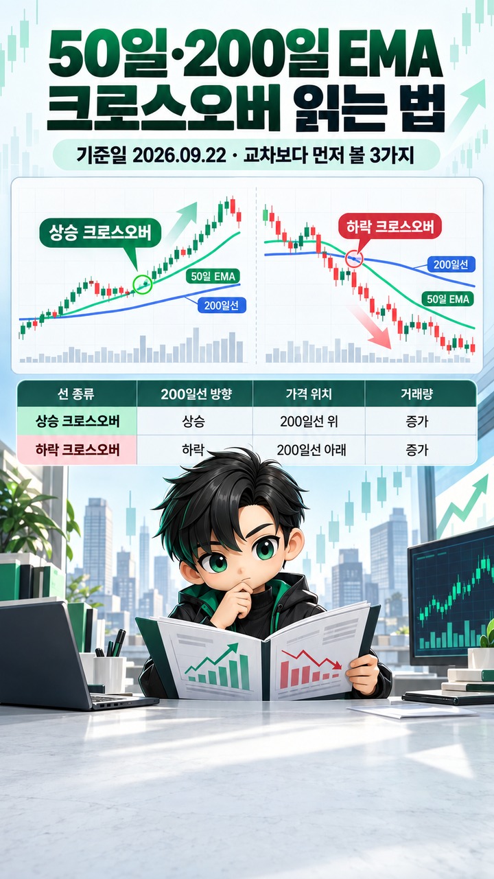 50일·200일 EMA·이동평균선 크로스오버 읽는 법 50일·200일 EMA·이동평균선 크로스오버 읽는 법: 교차보다 먼저 볼 3가지
