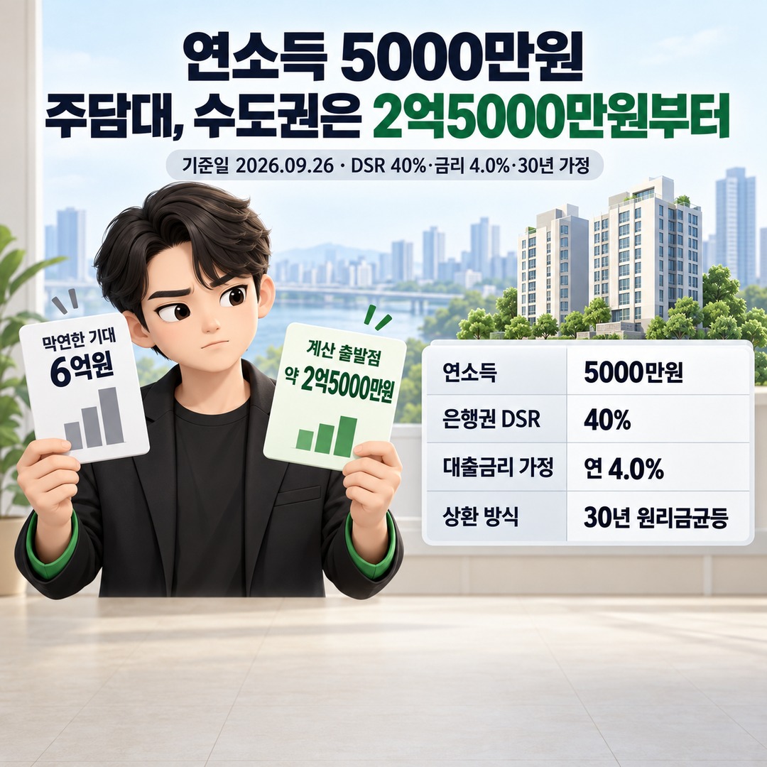 연소득 5000만원 주택담보대출, 수도권은 약 2억5000만원부터 계산해야 하는 이유 핵심 내용 정보형 썸네일