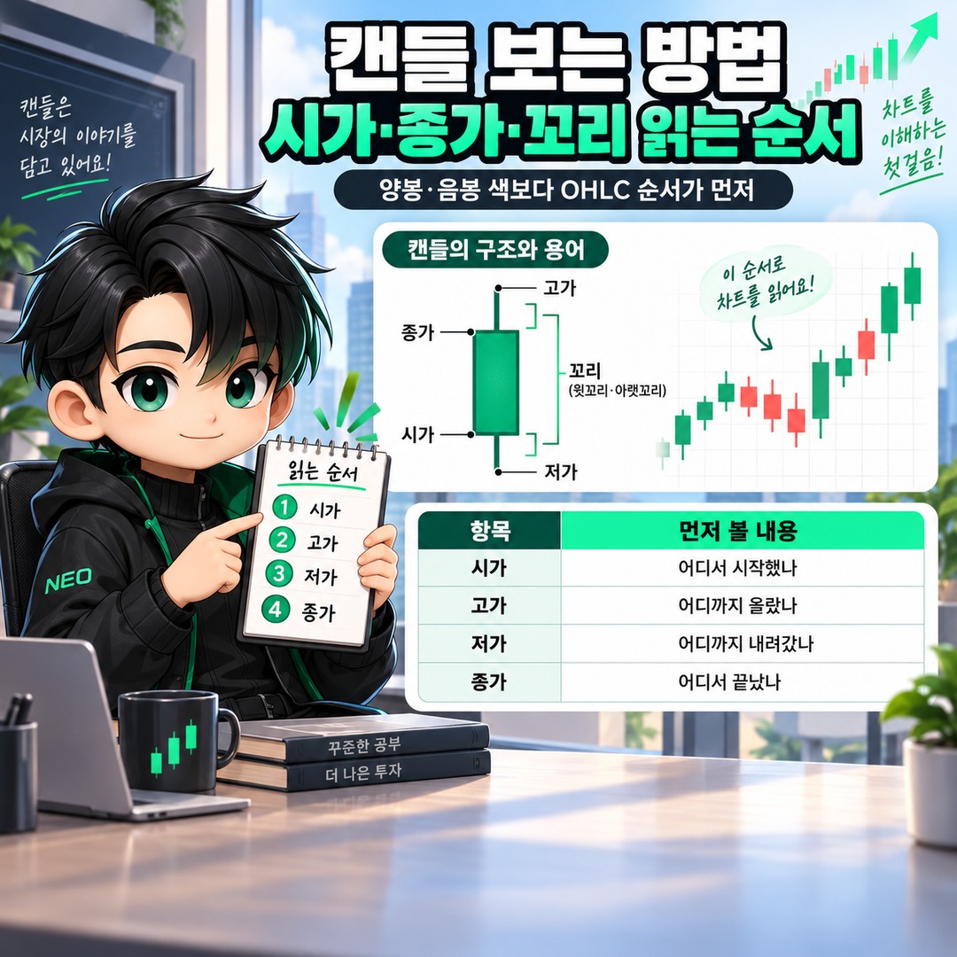 캔들 보는 방법, 양봉·음봉보다 먼저 시가·종가·꼬리를 읽는 순서 핵심 내용 정보형 썸네일
