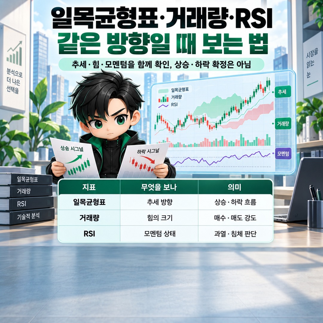 일목균형표·거래량·RSI로 상승 하락을 읽는 법, 세 지표가 같은 방향일 때 봐야 할 것 핵심 내용 정보형 썸네일