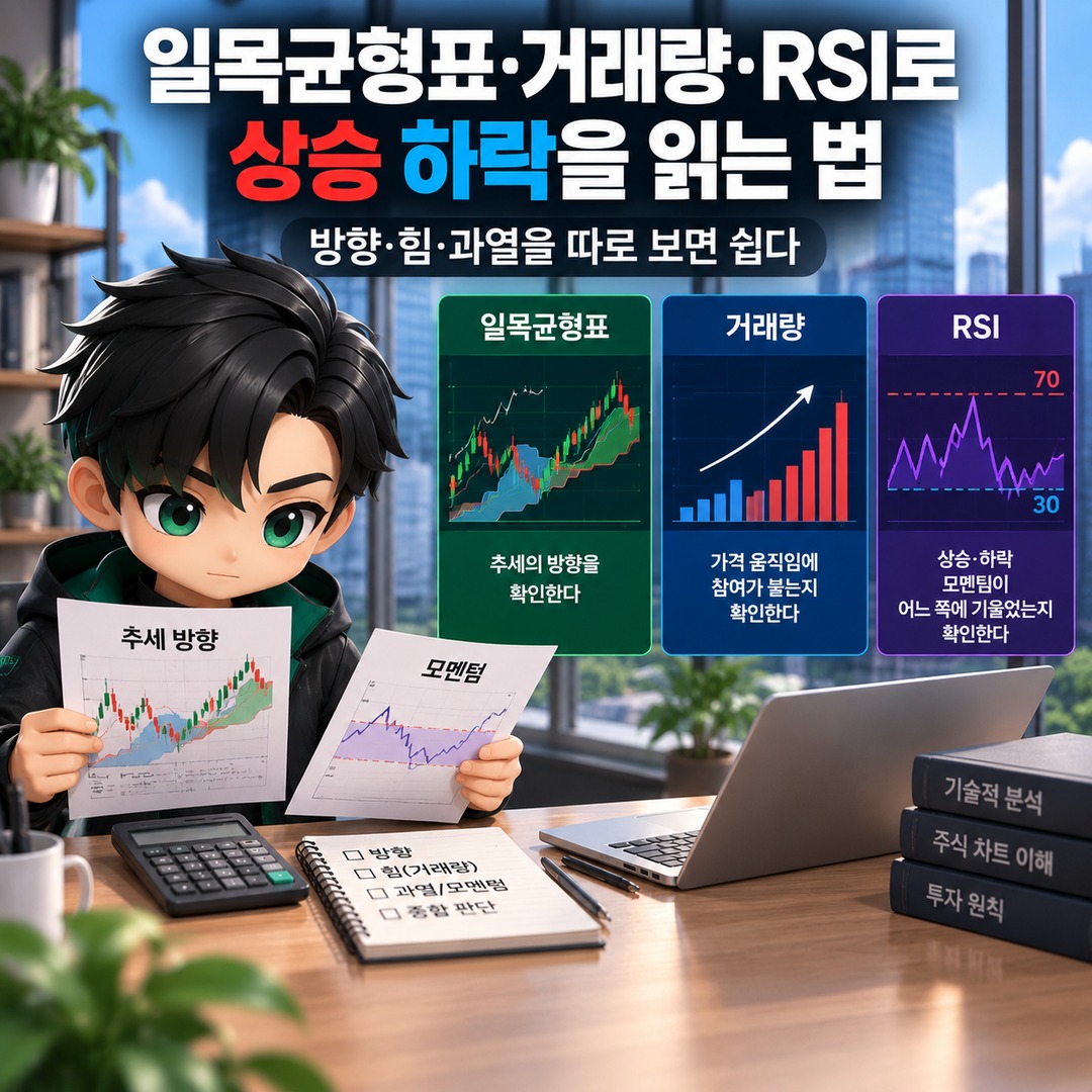 일목균형표·거래량·RSI로 상승 하락을 읽는 법, 방향·힘·과열을 따로 보면 쉽다 핵심 내용 정보형 썸네일