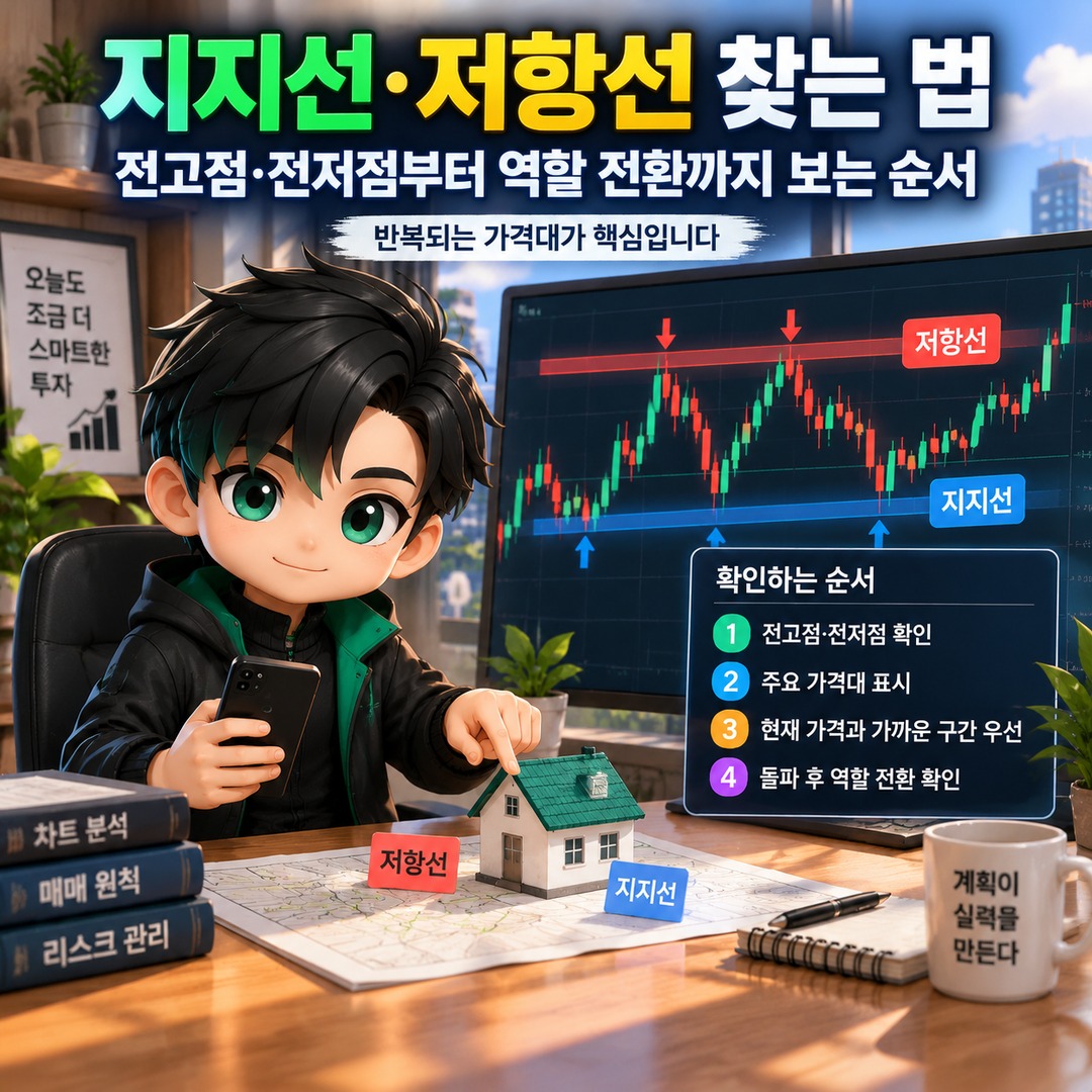 지지선·저항선 찾는 법, 전고점·전저점부터 역할 전환까지 보는 순서 핵심 내용 정보형 썸네일
