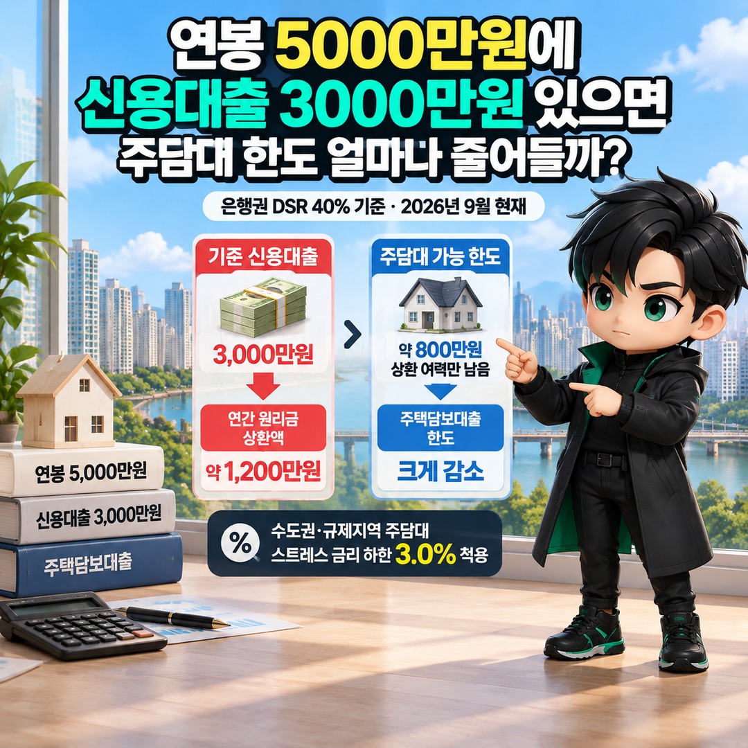 연봉 5000만원에 신용대출 3000만원 있으면 주담대 한도 얼마나 줄어들까 핵심 내용 정보형 썸네일