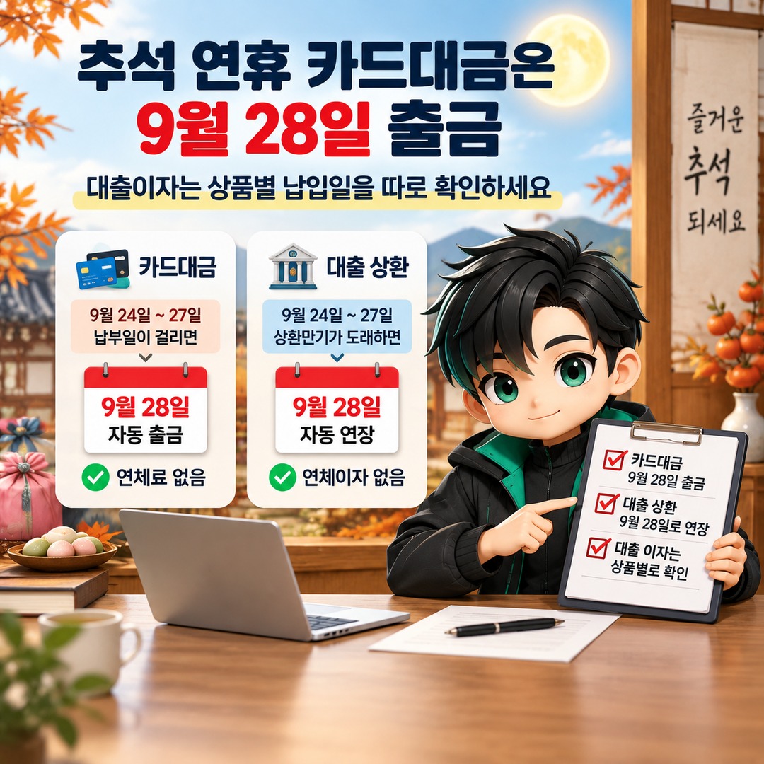 추석 연휴 카드대금은 9월 28일 출금, 대출이자는 상품별 납입일을 따로 확인하세요 핵심 내용 정보형 썸네일