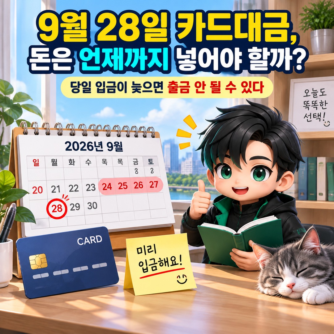 9월 28일 카드대금, 돈은 언제까지 넣어야 할까? 당일 입금이 늦으면 출금 안 될 수 있다 핵심 내용 정보형 썸네일