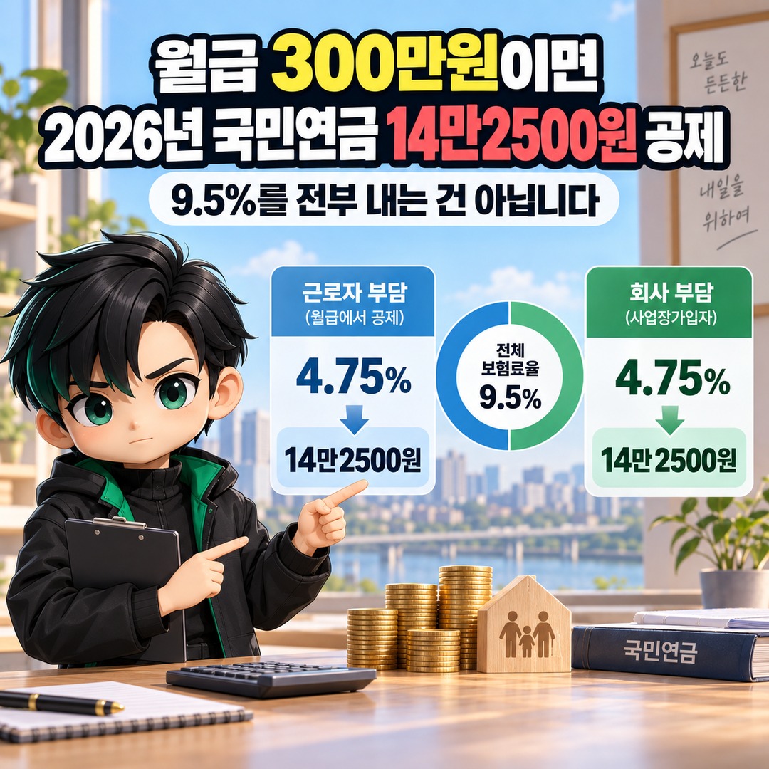 월급 300만원이면 2026년 국민연금 14만2500원 공제, 9.5%를 전부 내는 건 아닙니다 핵심 내용 정보형 썸네일