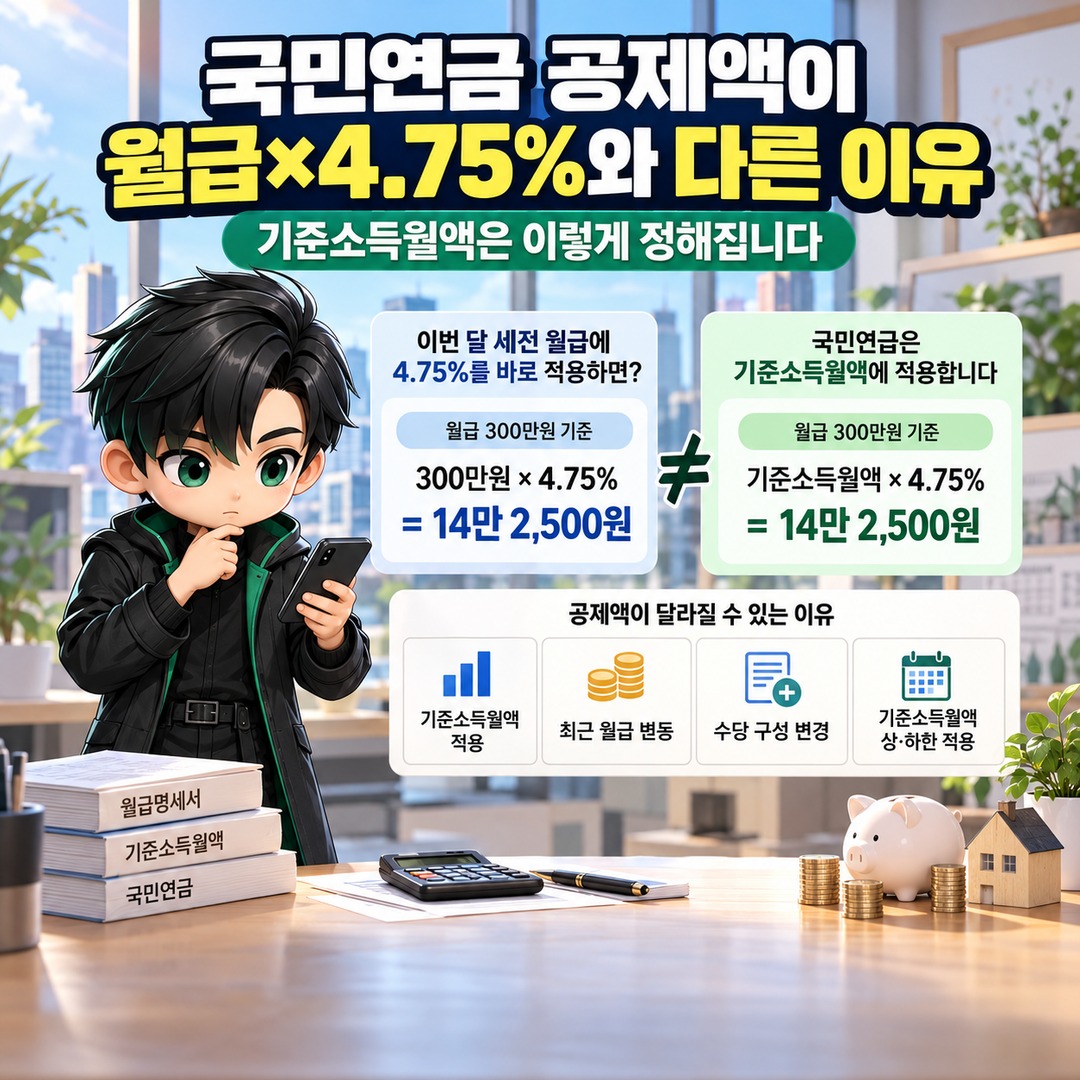 국민연금 공제액이 월급×4.75%와 다른 이유, 기준소득월액은 이렇게 정해집니다 핵심 내용 정보형 썸네일
