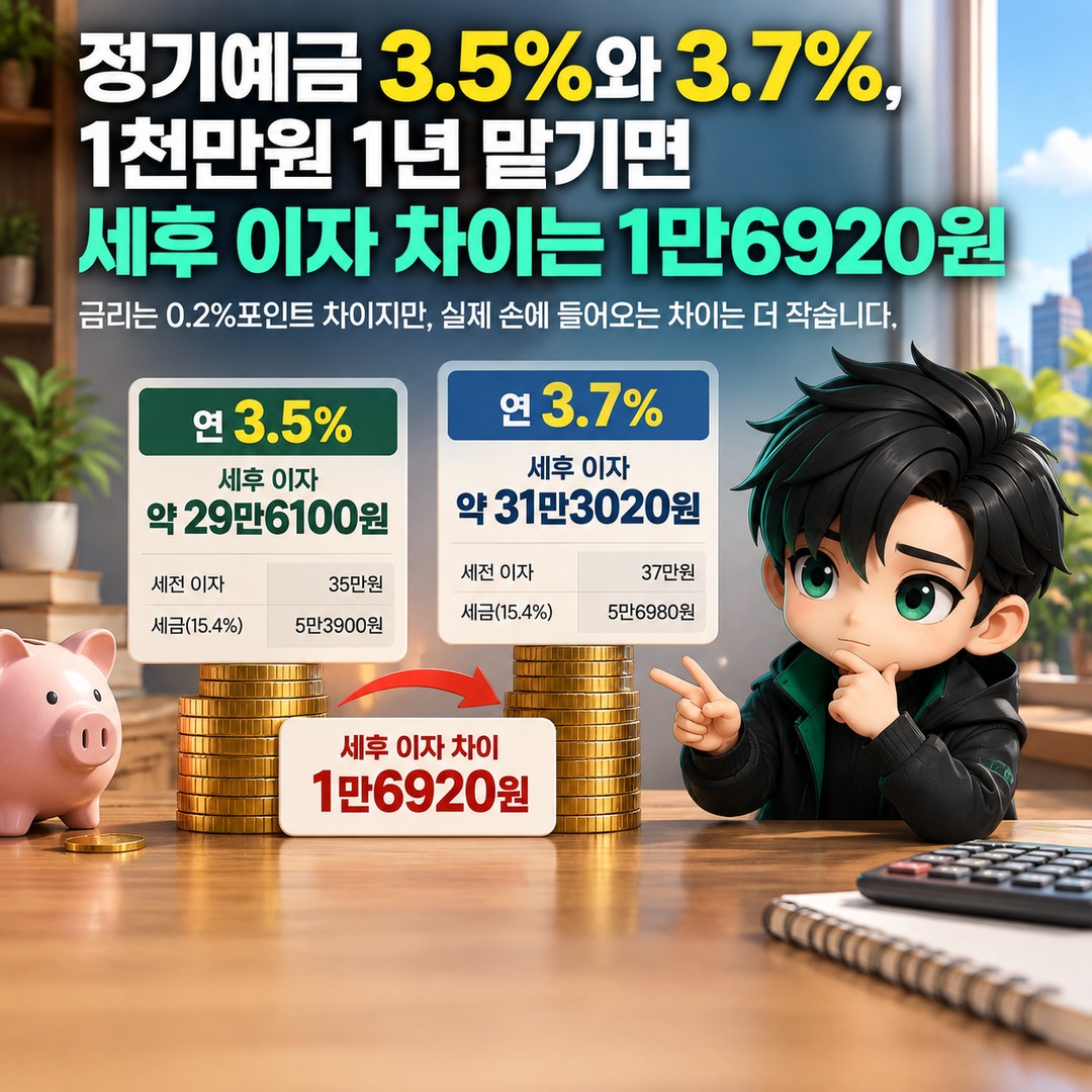 정기예금 3.5%와 3.7%, 1천만원 1년 맡기면 세후 이자 차이는 1만6920원 핵심 내용 정보형 썸네일
