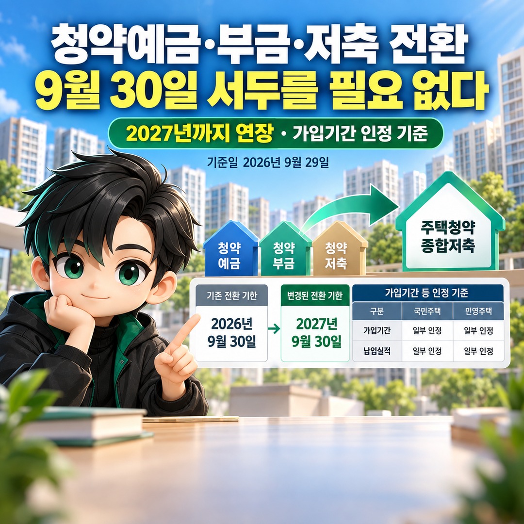 청약예금·부금·저축 전환, 9월 30일 서두를 필요 없다…2027년까지 연장·가입기간 인정 기준 핵심 내용 정보형 썸네일