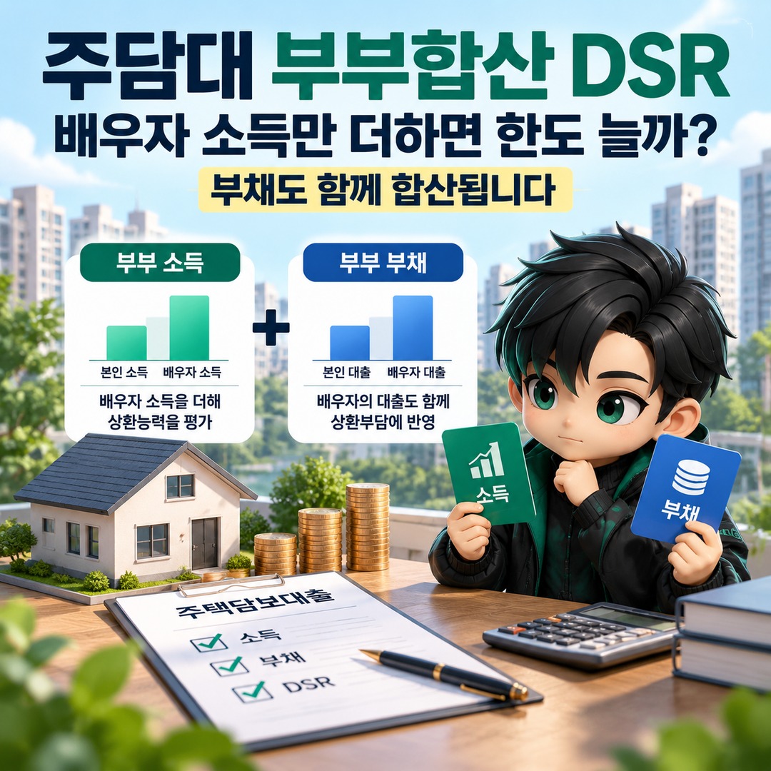 주담대 부부합산 DSR, 배우자 소득만 더하면 한도 늘까? 부채도 함께 합산됩니다 핵심 내용 정보형 썸네일