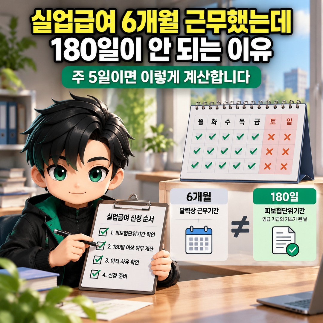 실업급여 6개월 근무했는데 180일이 안 되는 이유, 주5일이면 이렇게 계산합니다 핵심 내용 정보형 썸네일