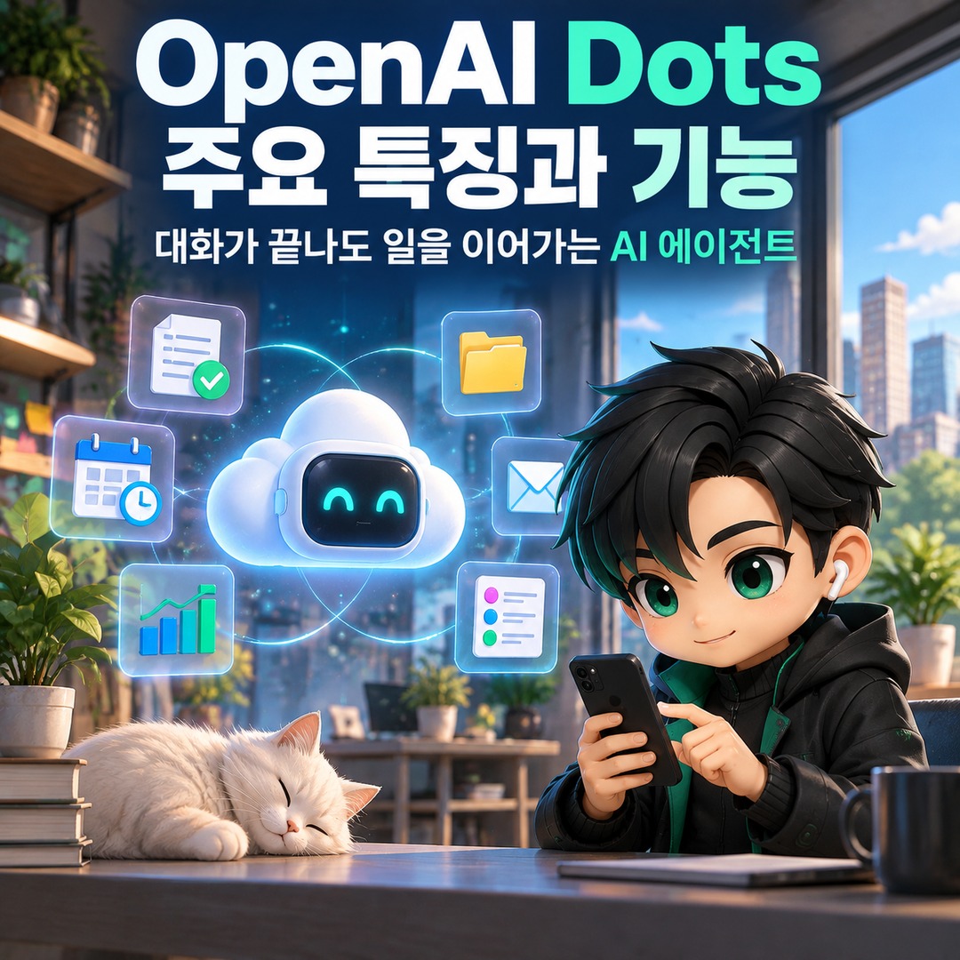 Informational thumbnail summarizing the key features and capabilities of OpenAI Dots, an AI agent that continues working after conversations end