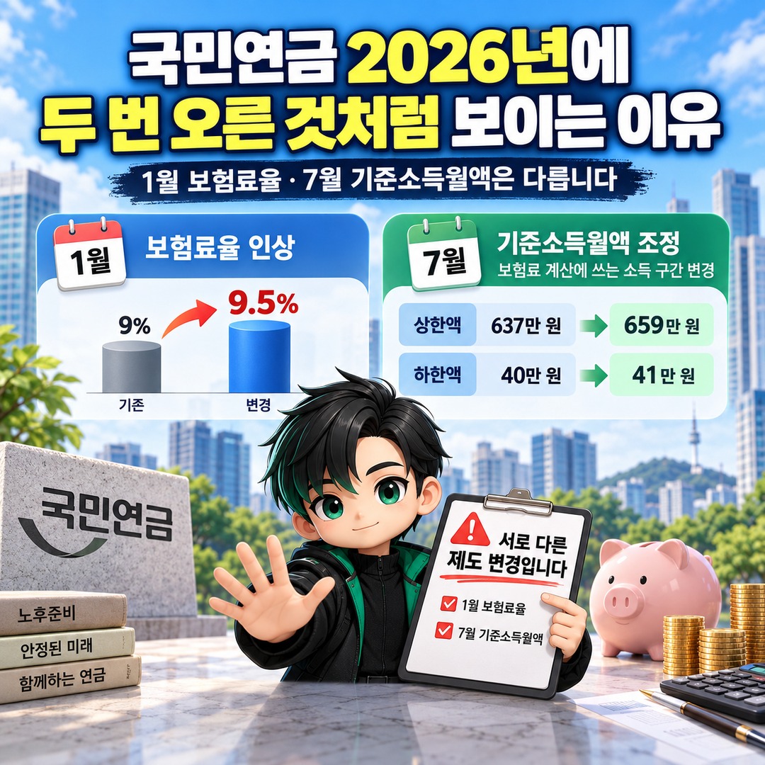 국민연금 2026년에 두 번 오른 것처럼 보이는 이유, 1월 보험료율·7월 기준소득월액은 다릅니다 핵심 내용 정보형 썸네일