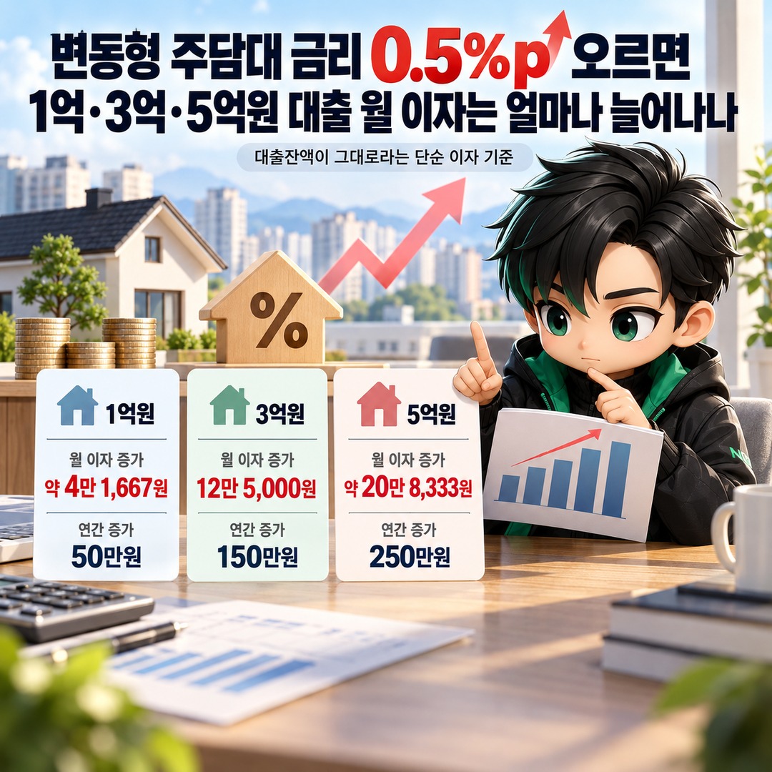 변동형 주담대 금리 0.5%p 오르면 1억·3억·5억원 대출 월 이자는 얼마나 늘어나나 핵심 내용 정보형 썸네일
