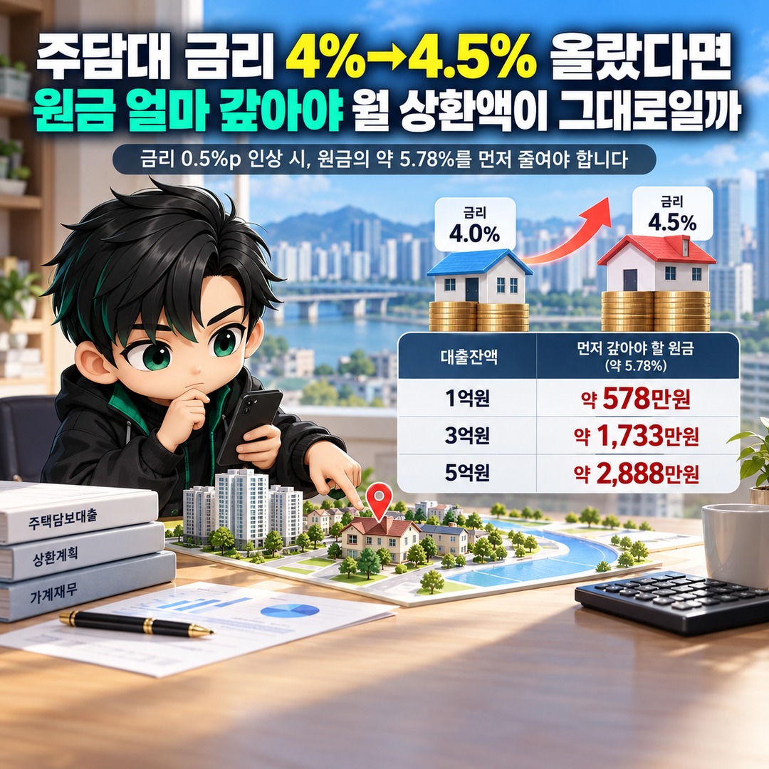 주담대 금리 4%→4.5% 올랐다면 원금 얼마 갚아야 월 상환액이 그대로일까 핵심 내용 정보형 썸네일