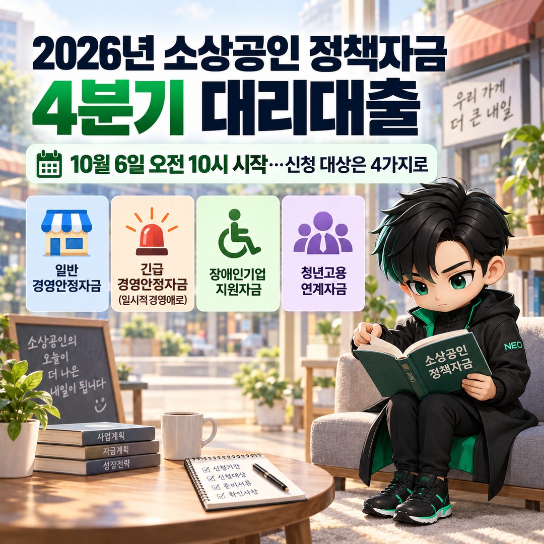 2026년 소상공인 정책자금 4분기 대리대출, 10월 6일 오전 10시 시작…신청 대상은 4가지로 나뉜다 핵심 내용 정보형 썸네일