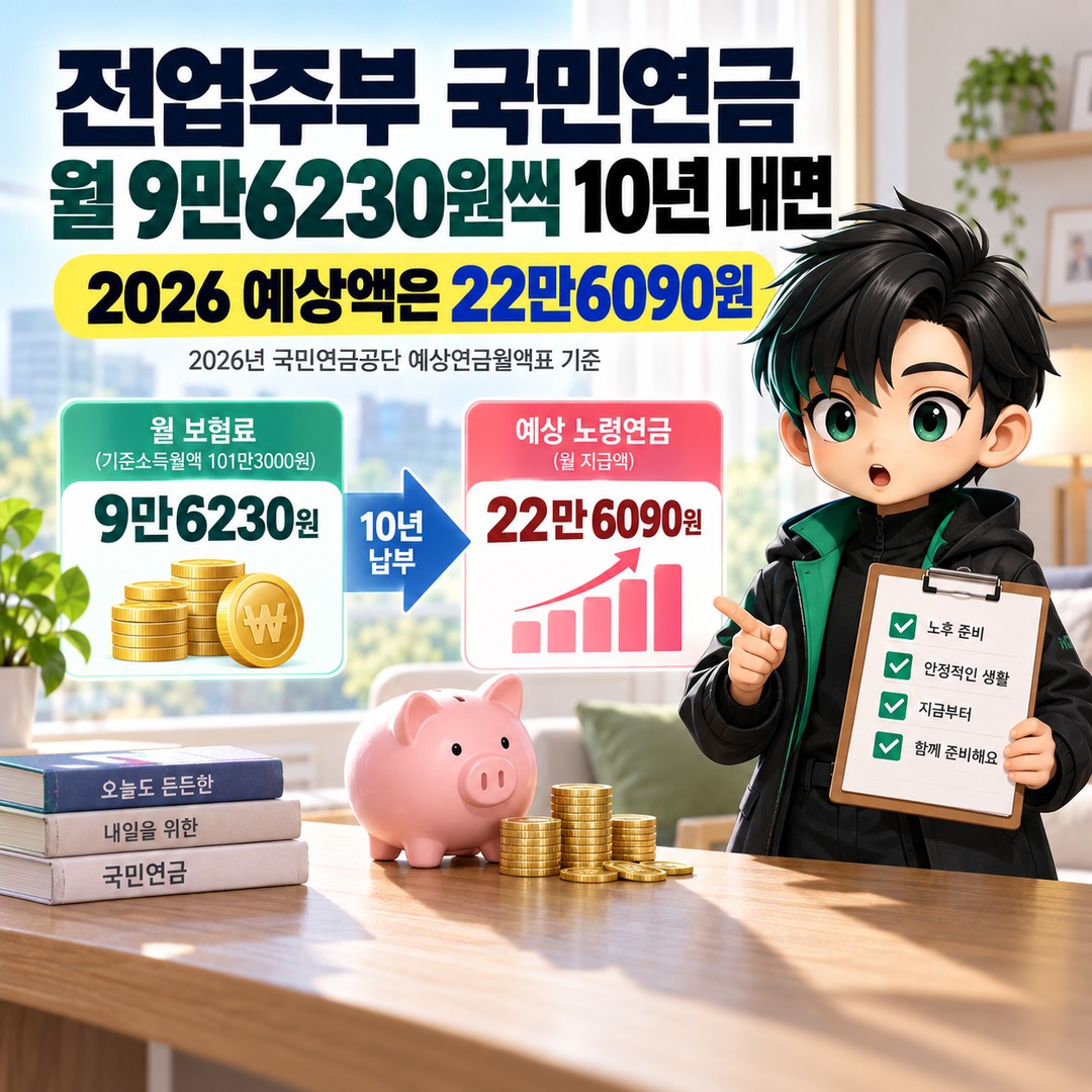 전업주부 국민연금 월 9만6230원씩 10년 내면 얼마 받나? 2026 예상액은 22만6090원 핵심 내용 정보형 썸네일