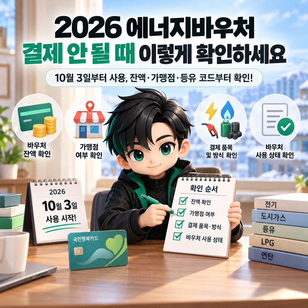 2026 에너지바우처 국민행복카드 결제 안 될 때, 잔액·가맹점·등유 코드부터 확인하세요 핵심 내용 정보형 썸네일