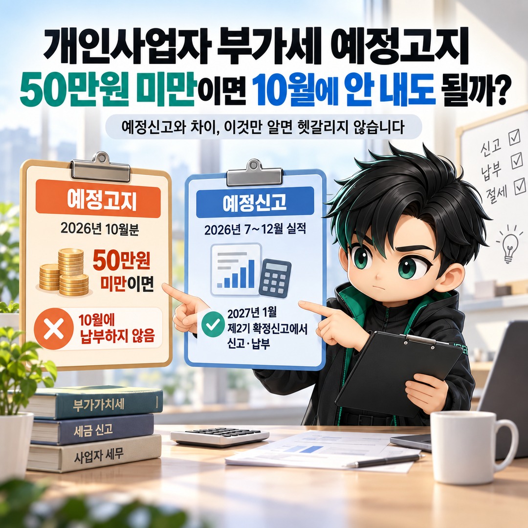 개인사업자 부가세 예정고지 50만원 미만이면 10월에 안 내도 될까, 예정신고와 차이 핵심 내용 정보형 썸네일