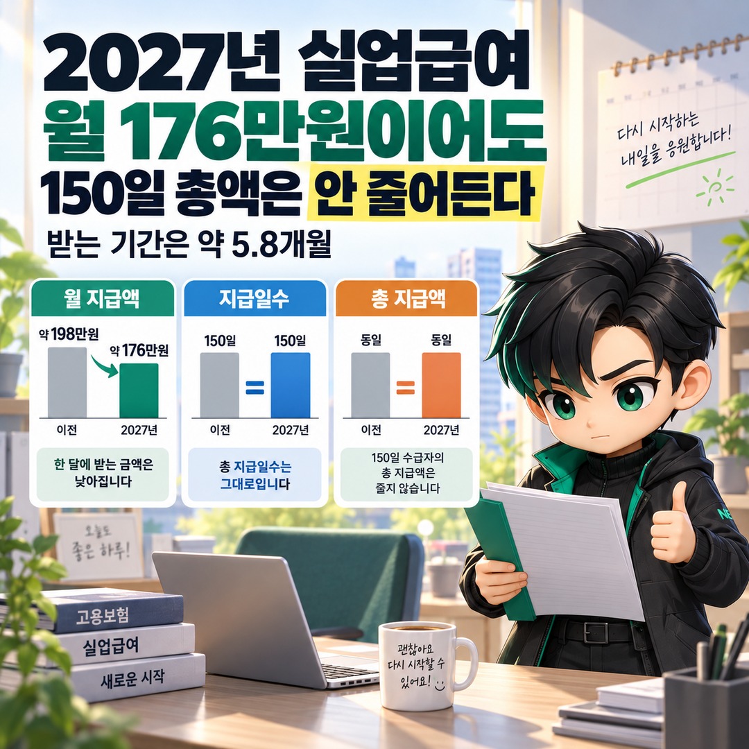 2027년 실업급여 월 176만원이어도 150일 총액은 안 줄어든다, 받는 기간은 약 5.8개월 핵심 내용 정보형 썸네일