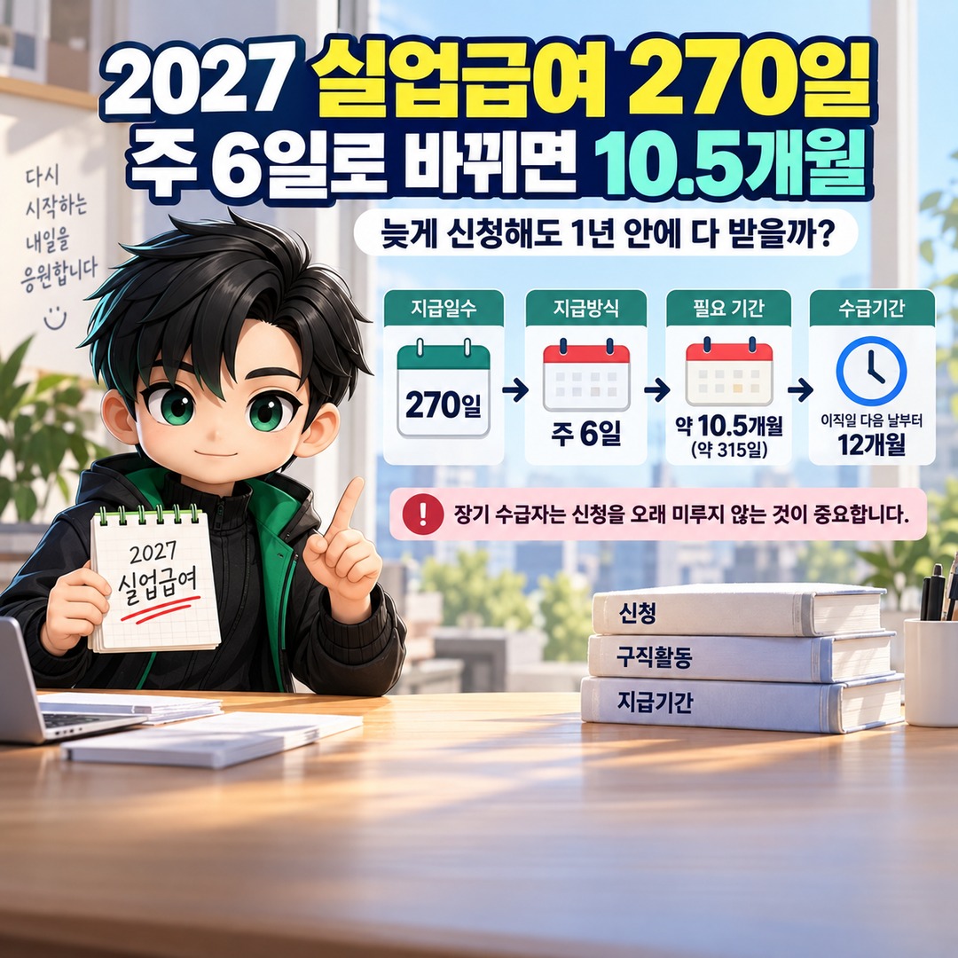 2027 실업급여 270일, 주 6일로 바뀌면 10.5개월…늦게 신청해도 1년 안에 다 받을까 핵심 내용 정보형 썸네일