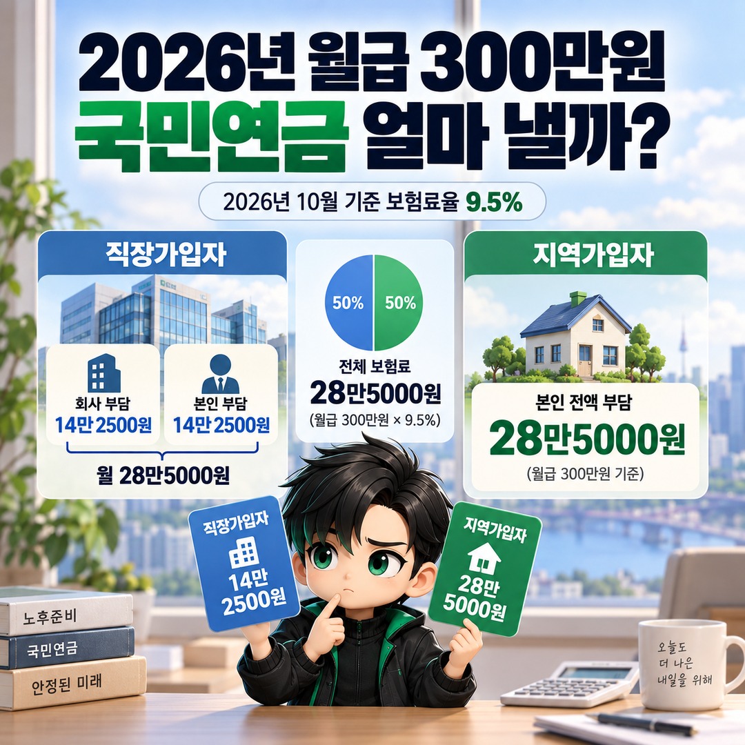 2026년 월급 300만원 국민연금, 직장인은 14만2500원·지역가입자는 28만5000원 핵심 내용 정보형 썸네일