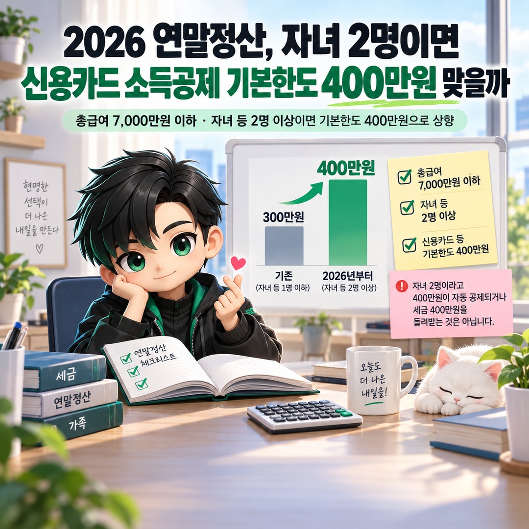 2026 연말정산, 자녀 2명이면 신용카드 소득공제 기본한도 400만원 맞을까 핵심 내용 정보형 썸네일