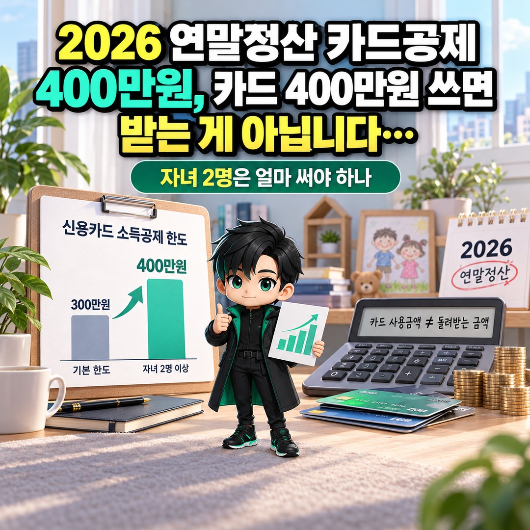 2026 연말정산 카드공제 400만원, 카드 400만원 쓰면 받는 게 아닙니다…자녀 2명은 얼마 써야 하나 핵심 내용 정보형 썸네일