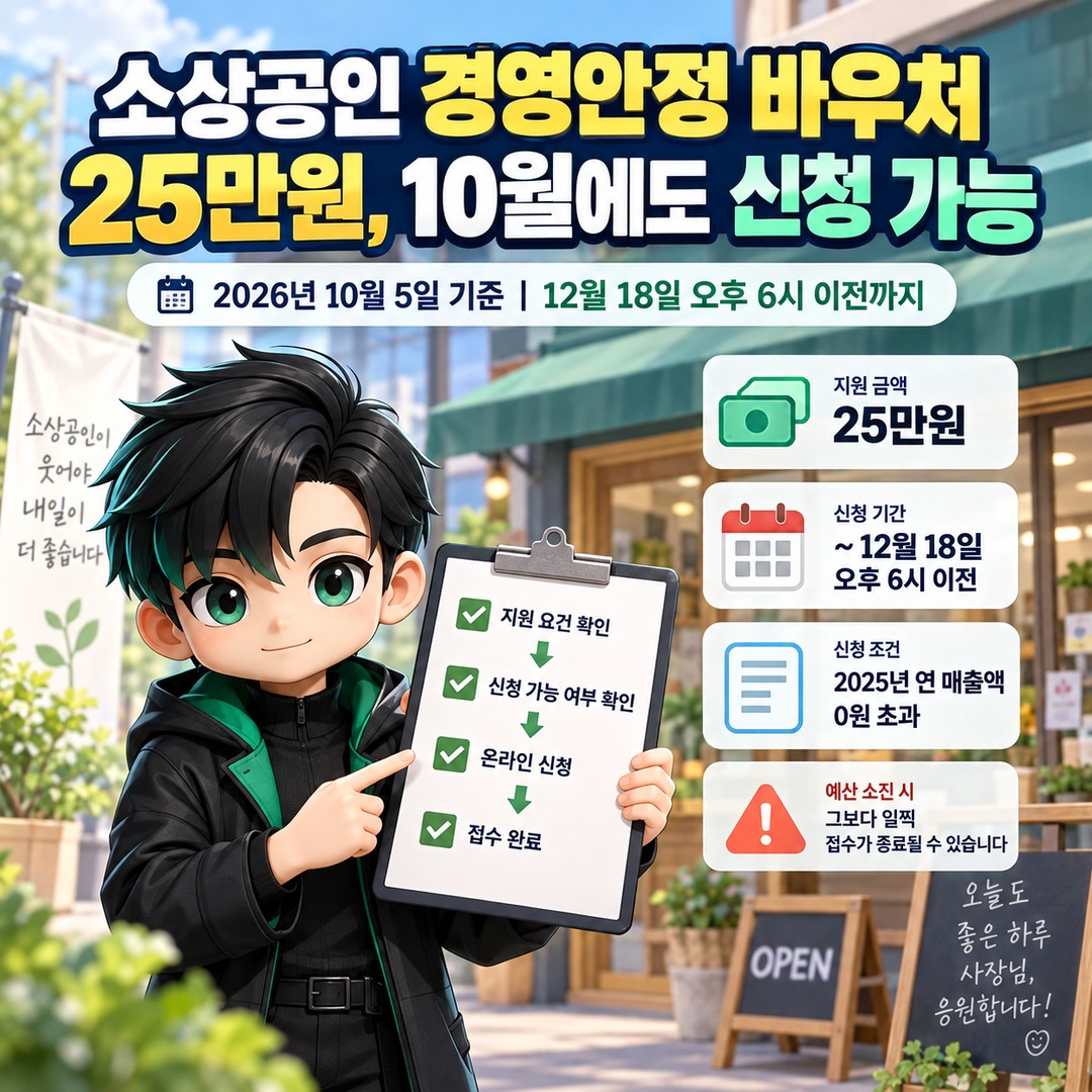 소상공인 경영안정 바우처 25만원, 10월에도 신청 가능한 조건과 확인 순서 핵심 내용 정보형 썸네일