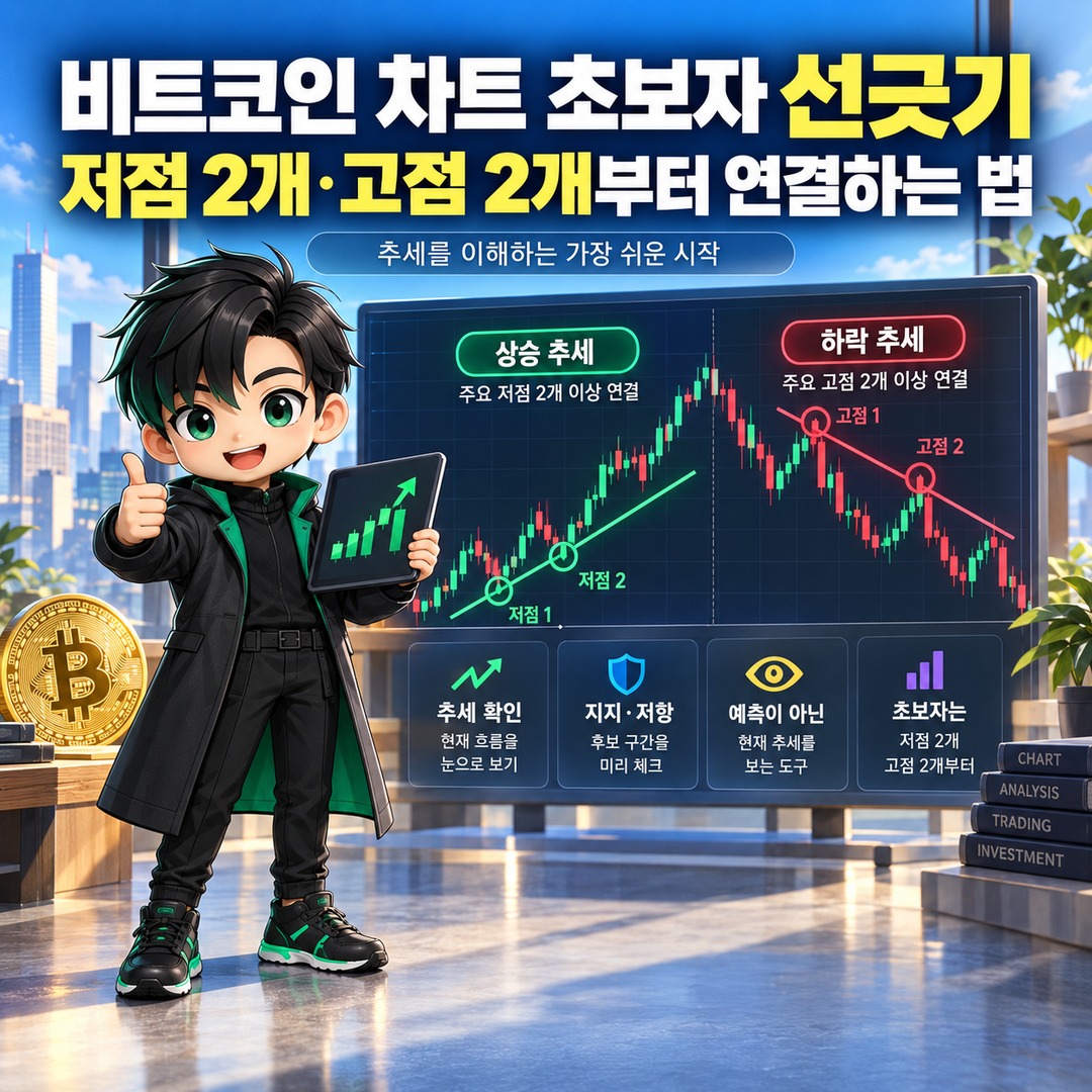 비트코인 차트 초보자 선긋기, 저점 2개·고점 2개부터 연결하는 법 핵심 내용 정보형 썸네일