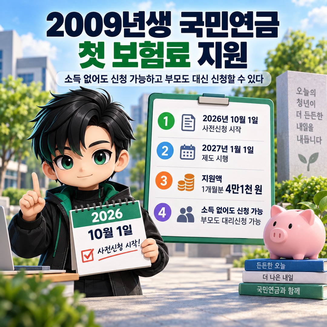 2009년생 국민연금 첫 보험료 지원, 소득 없어도 신청 가능하고 부모도 대신 신청할 수 있다 핵심 내용 정보형 썸네일