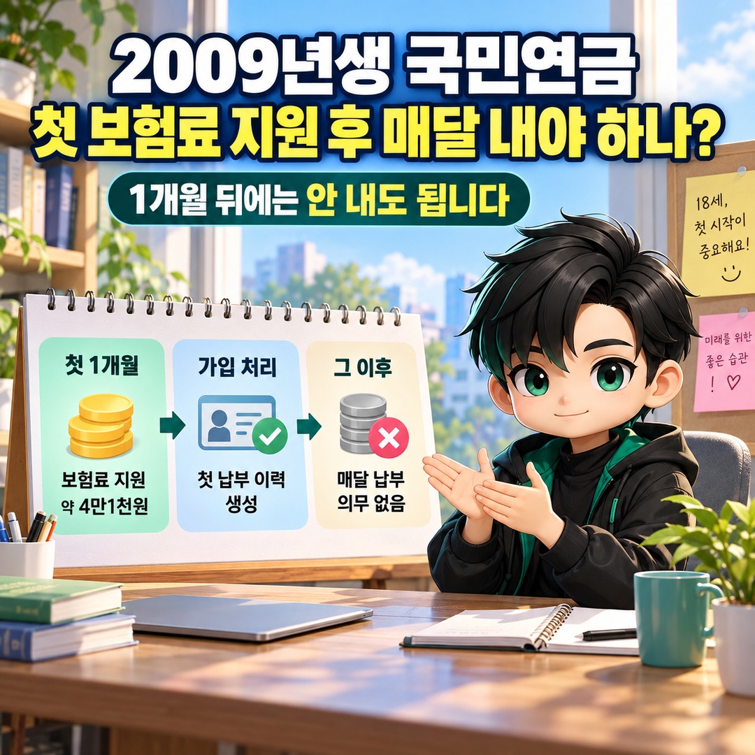 2009년생 국민연금 첫 보험료 지원 후 매달 내야 하나? 1개월 뒤에는 안 내도 됩니다 핵심 내용 정보형 썸네일