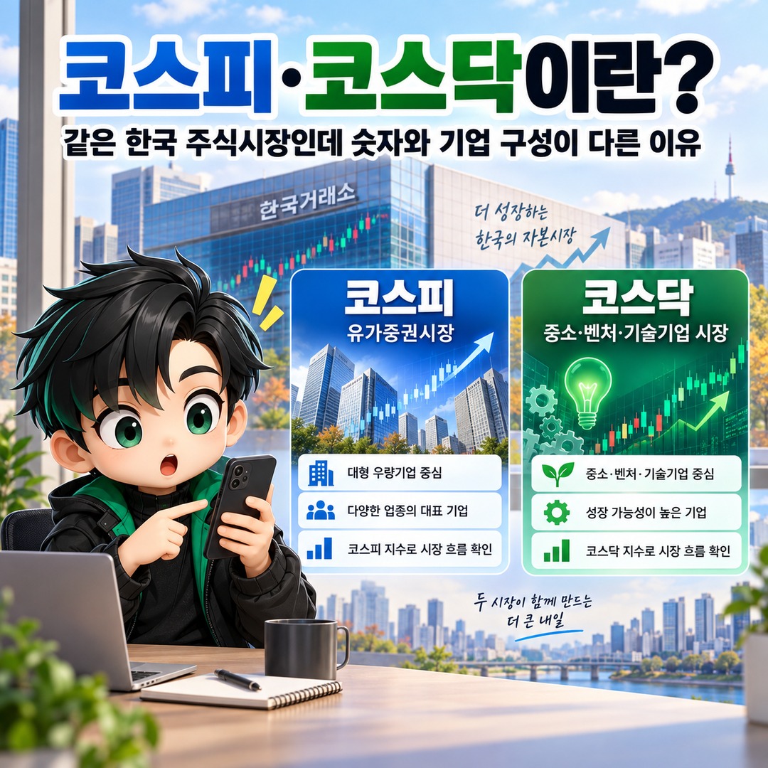 코스피·코스닥이란? 같은 한국 주식시장인데 숫자와 기업 구성이 다른 이유 핵심 내용 정보형 썸네일
