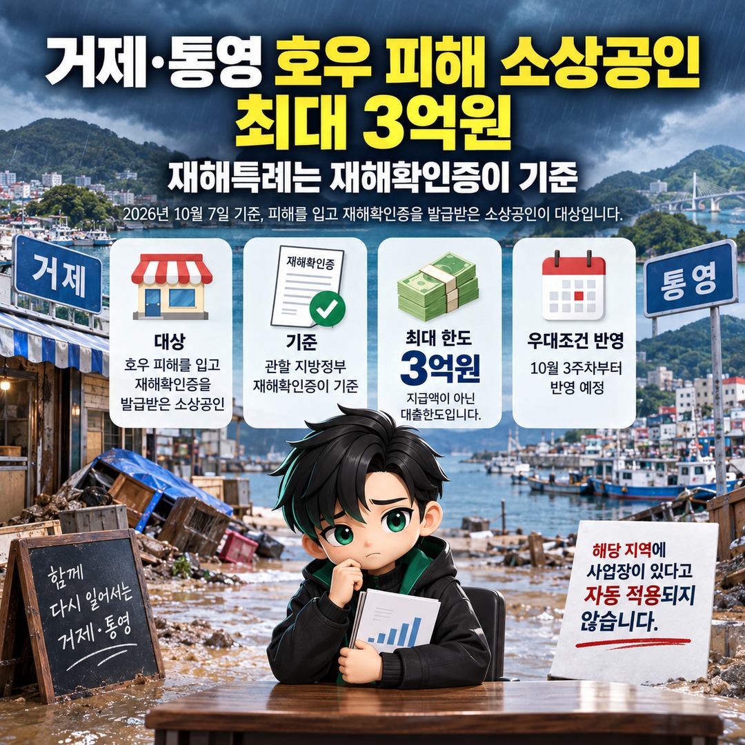 거제·통영 호우 피해 소상공인 최대 3억원, 재해특례는 재해확인증이 기준 핵심 내용 정보형 썸네일