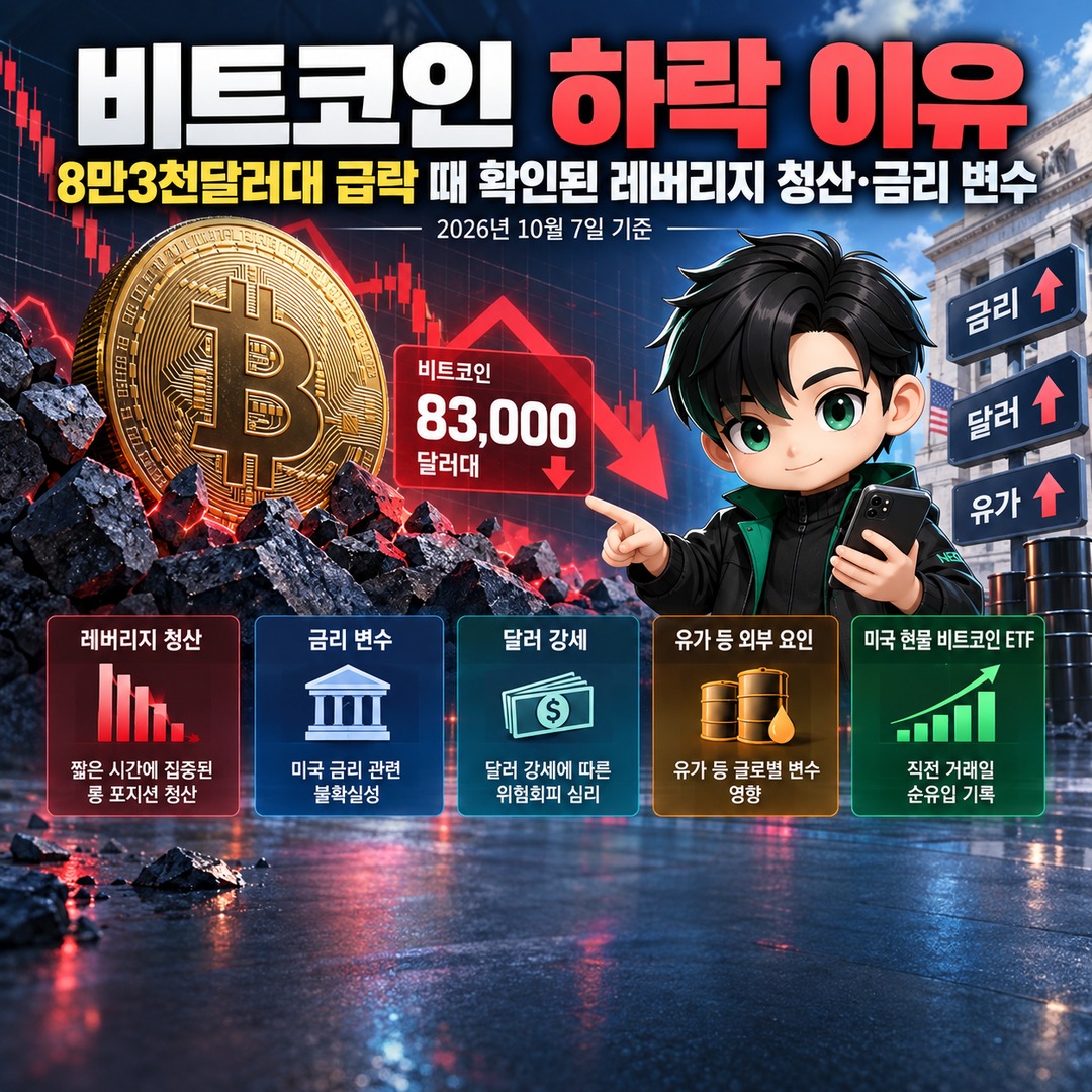 비트코인 하락 이유, 8만3천달러대 급락 때 확인된 레버리지 청산·금리 변수 핵심 내용 정보형 썸네일