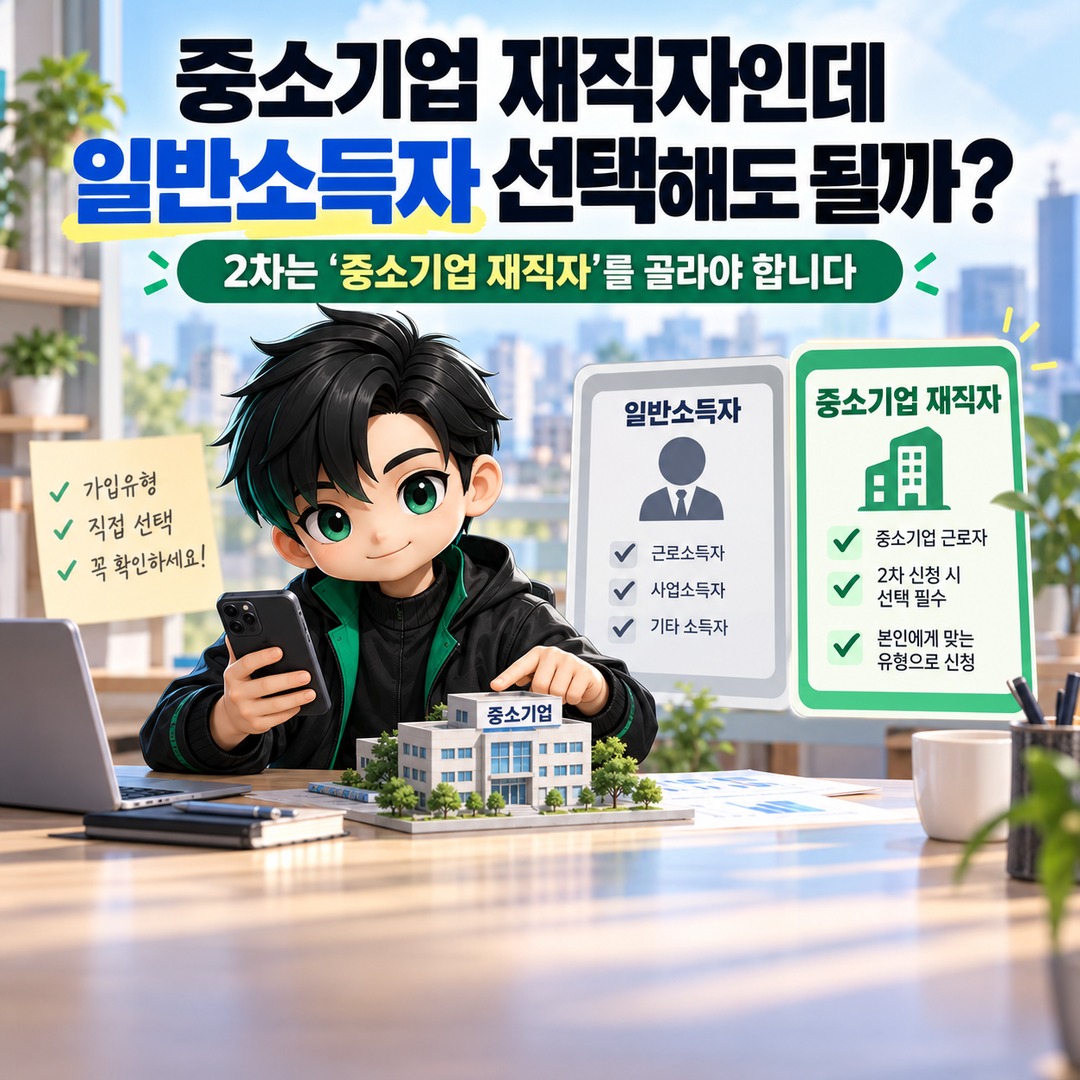 청년미래적금 중소기업 재직자인데 일반소득자 선택해도 될까? 2차는 ‘중소기업 재직자’를 골라야 합니다 핵심 내용 정보형 썸네일