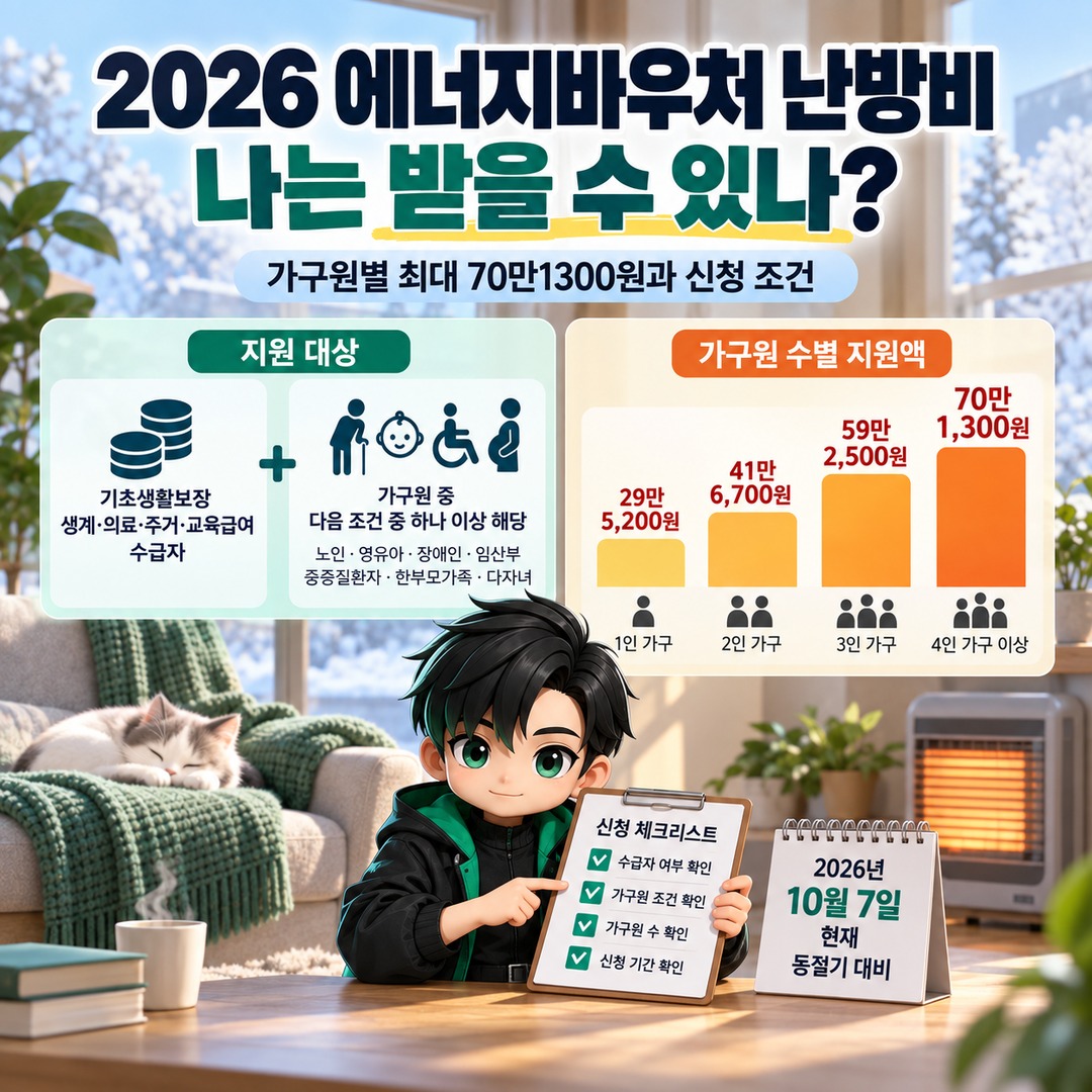 2026 에너지바우처 난방비, 나는 받을 수 있나? 가구원별 최대 70만1300원과 신청 조건 핵심 내용 정보형 썸네일