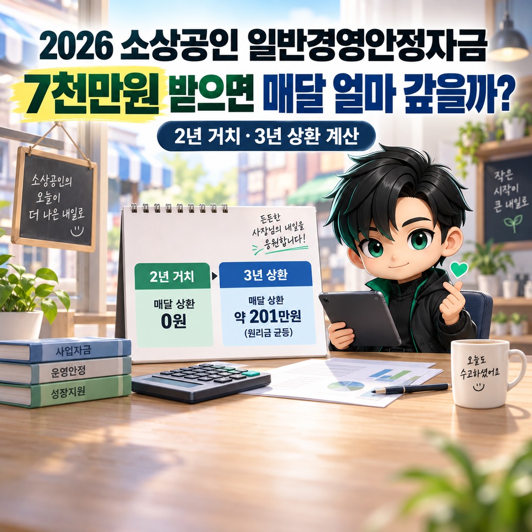 2026 소상공인 일반경영안정자금 7천만원 받으면 매달 얼마 갚을까? 2년 거치·3년 상환 계산 핵심 내용 정보형 썸네일